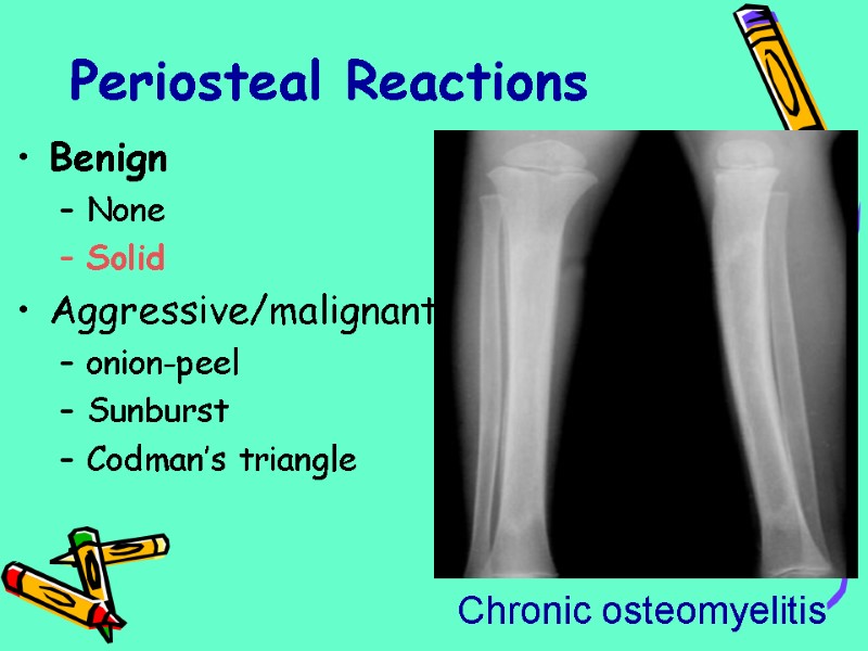 Periosteal Reactions Benign None Solid Aggressive/malignant onion-peel Sunburst Codman’s triangle Chronic osteomyelitis